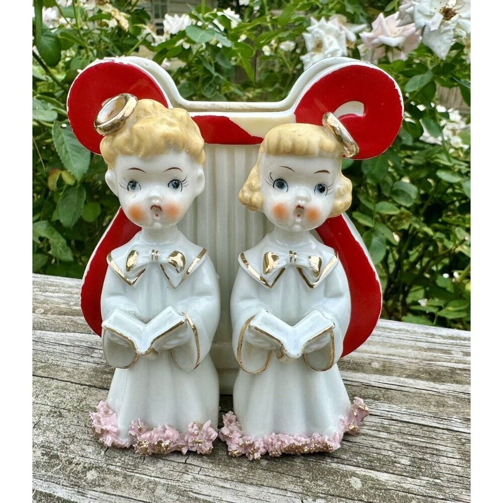 Pink Spaghetti Planter Christmas MCM Decor Boy Girl Angel Choir Sing Vintage - Picture 14 of 14